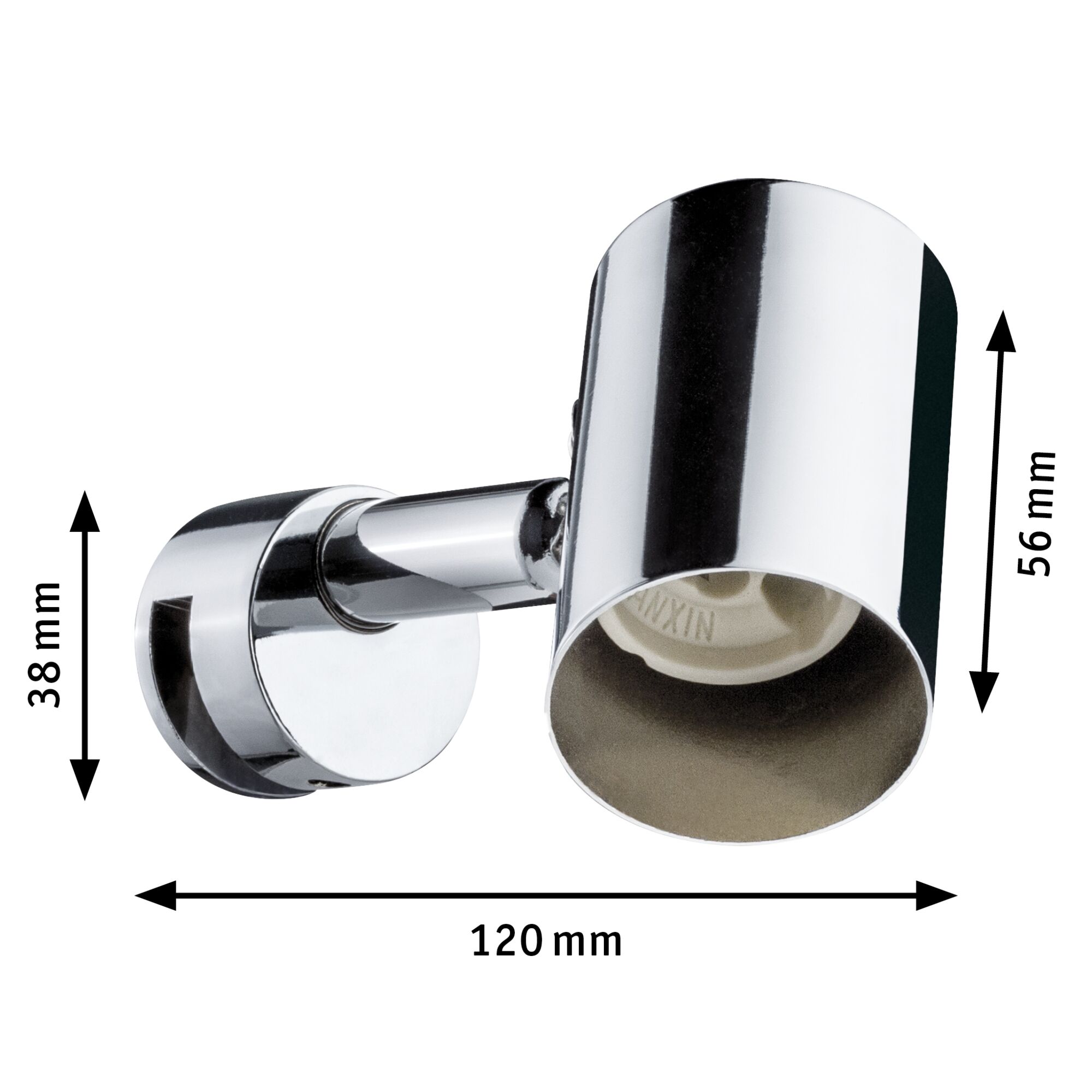 Modern wall spotlight in chrome metal, 120 mm length and 56 mm lamp head, suitable for LED bulbs