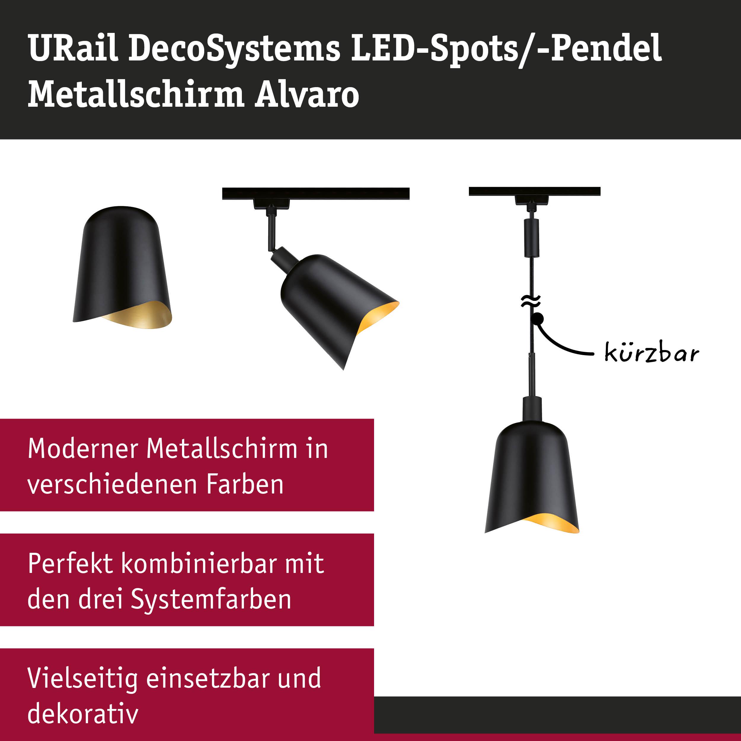 Schwarzer Metall-LED-Pendelleuchter Alvaro mit goldfarbenem Innenraum, kürzbar und vielseitig einsetzbar