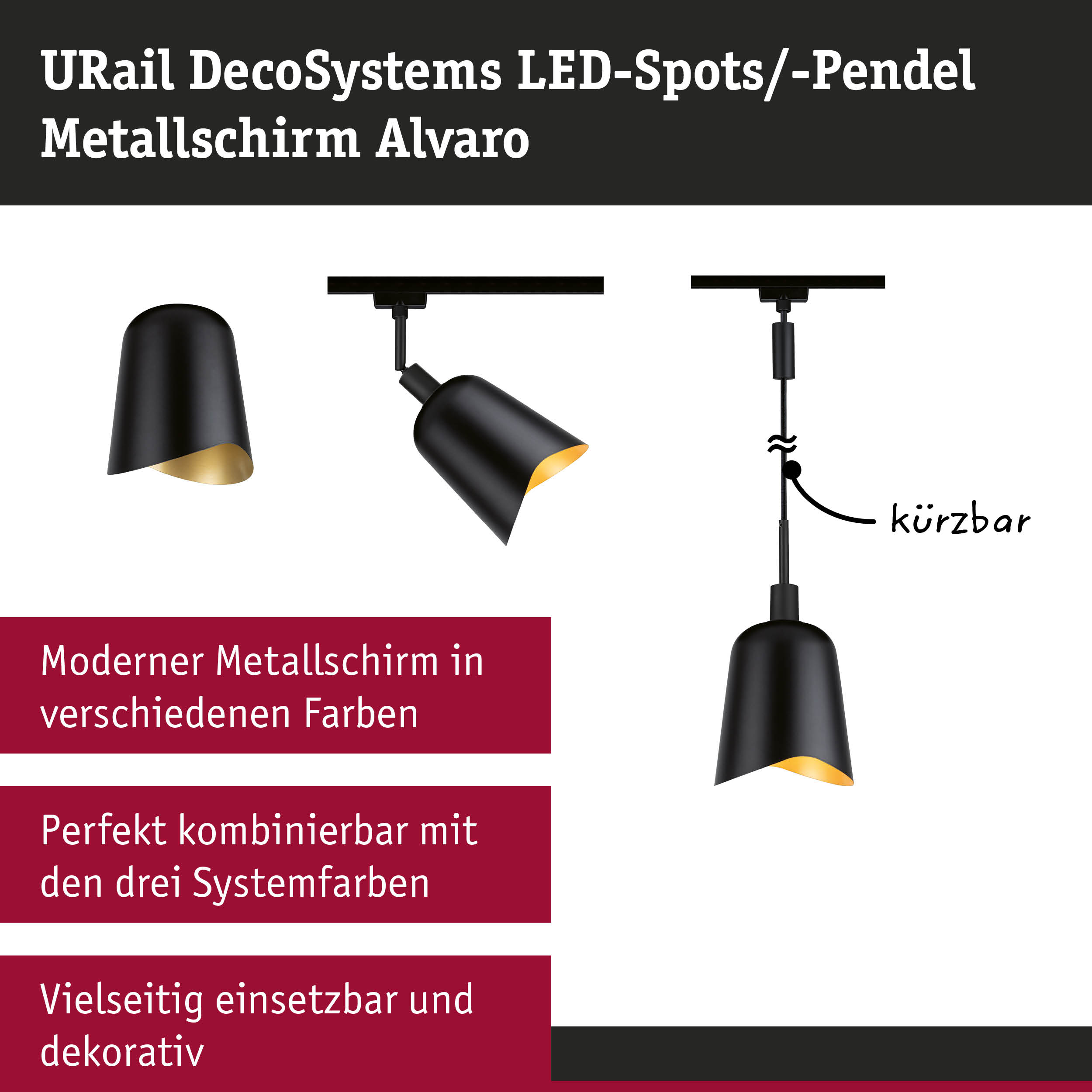Schwarzer Metall-LED-Pendelleuchter Alvaro mit goldfarbenem Innenraum, moderner Spot für Schienensysteme