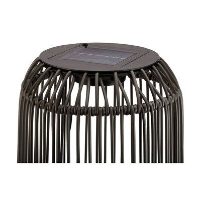 Solar-powered outdoor light in black metal with cage design for garden and terrace lighting