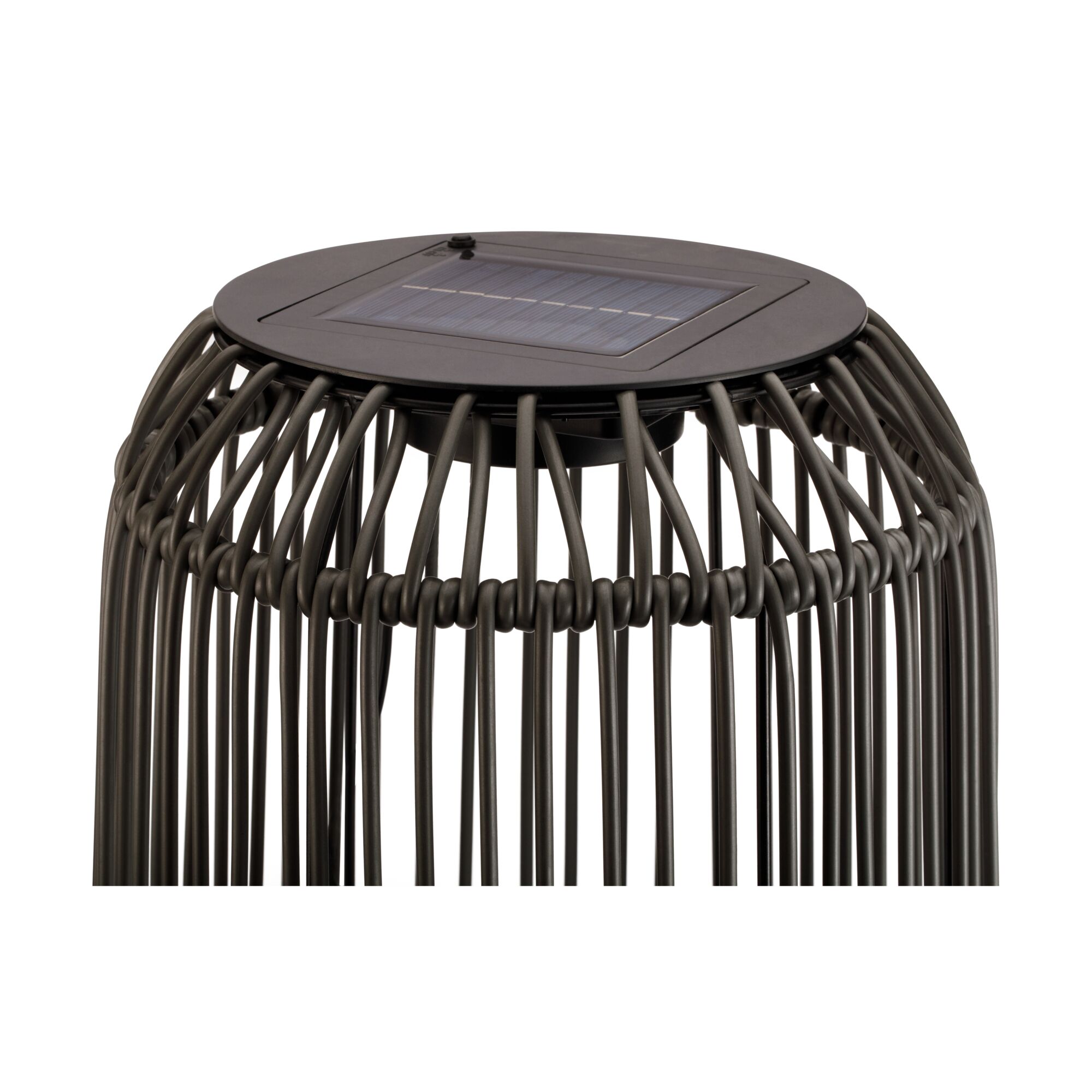 Dark grey metal basket with solar panel for energy-efficient outdoor lighting