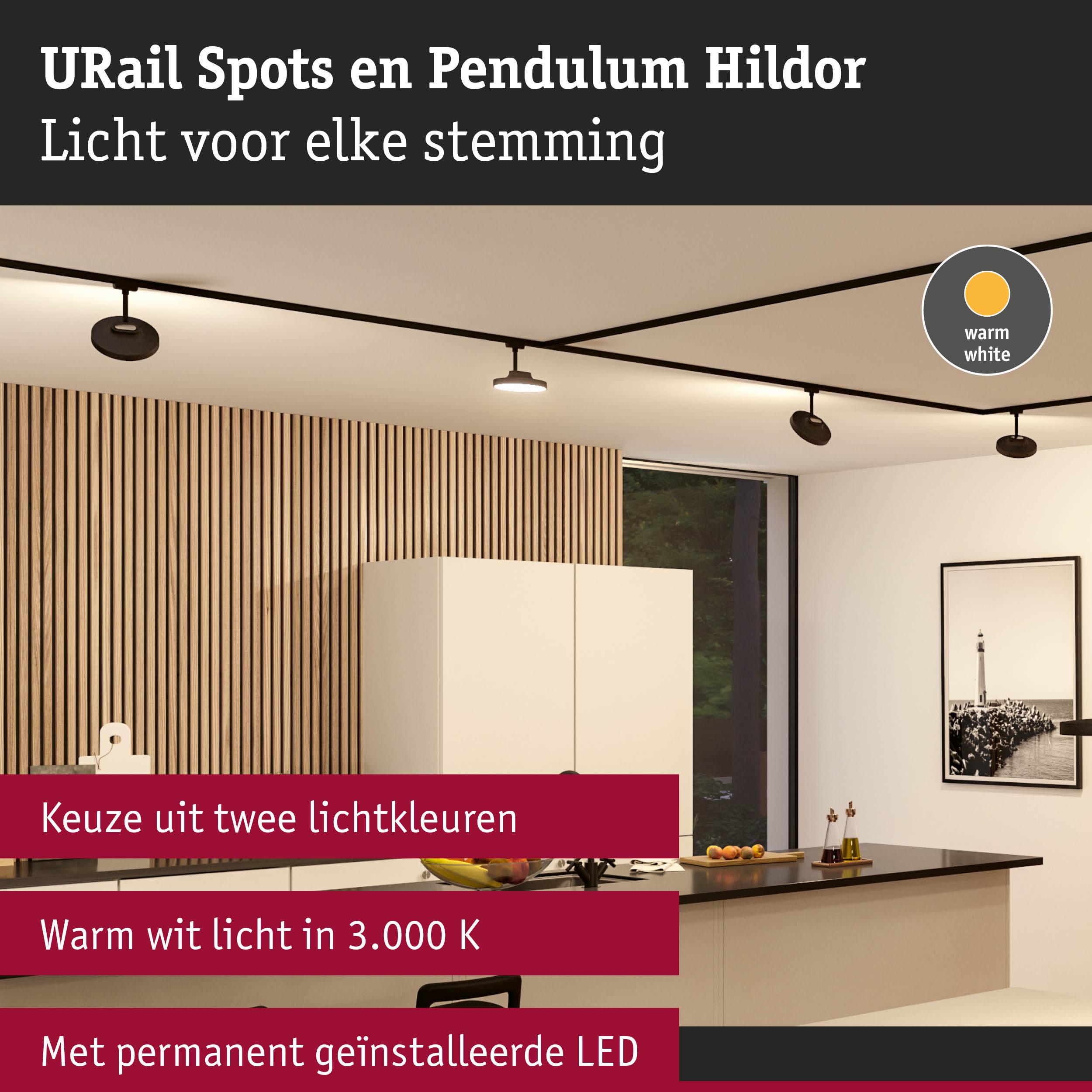 Moderne zwarte URail LED-spots met warm wit licht in stijlvolle keukeninterieur