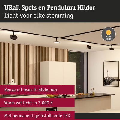 Moderne zwarte URail LED-spots met warm wit licht in stijlvolle keukeninterieur