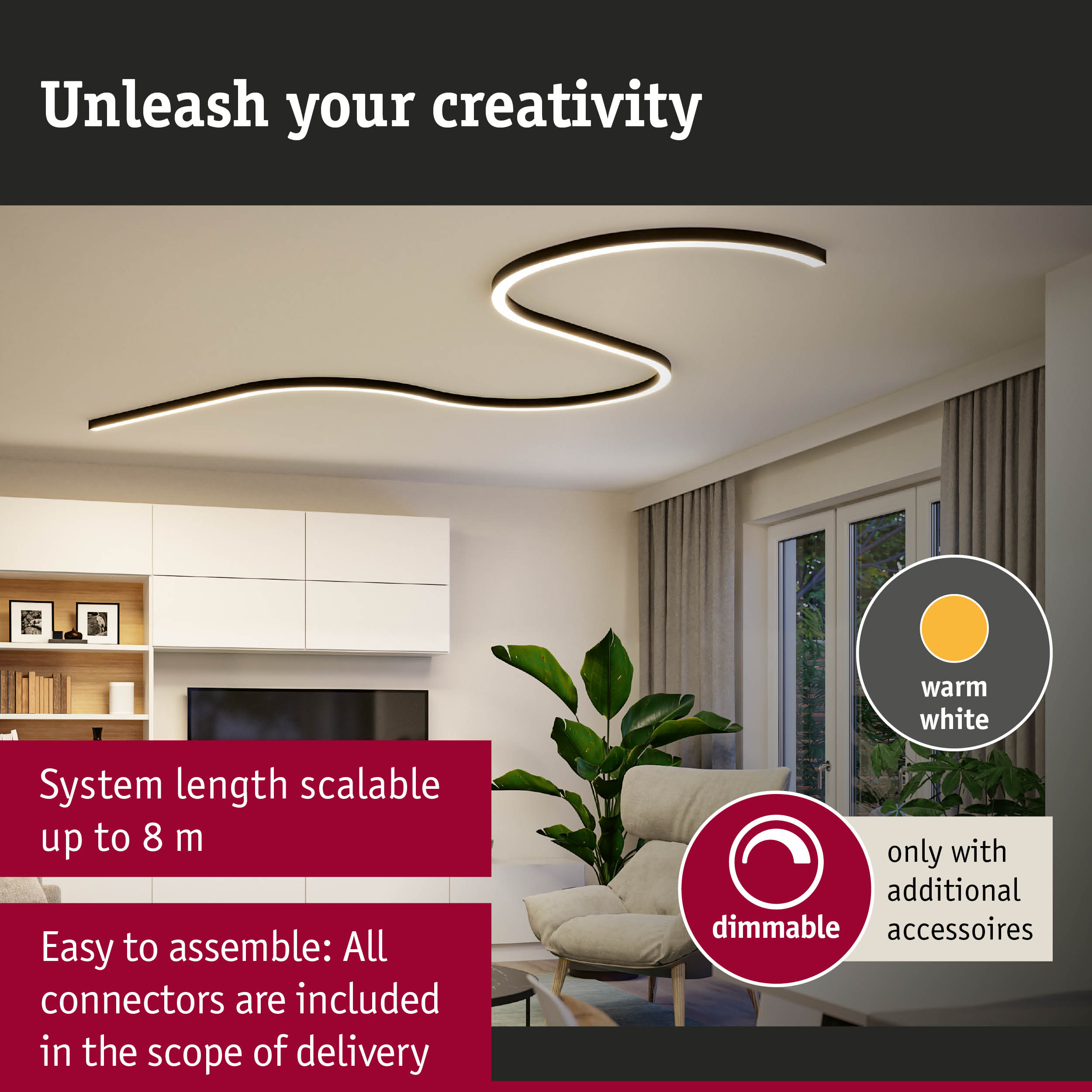 Black curved LED ceiling light with warm white illumination for modern living room lighting