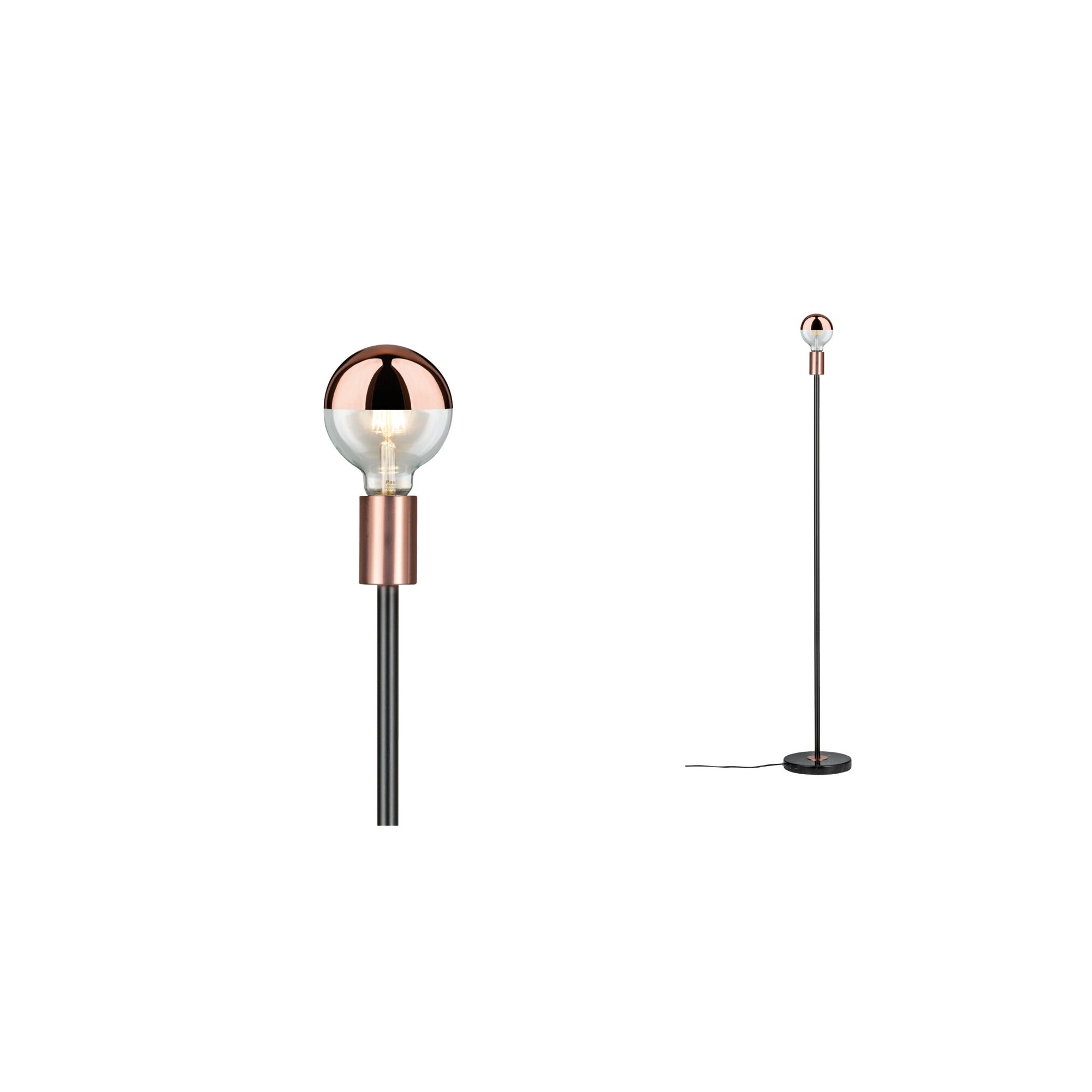 Neordic Lampadaire Nordin E27 max. 20W Noir/Cuivre Dépoli Marbre/Métal Lampadaire LED avec base en métal cuivre et abat-jour en verre demi-sphère pour éclairage moderne
