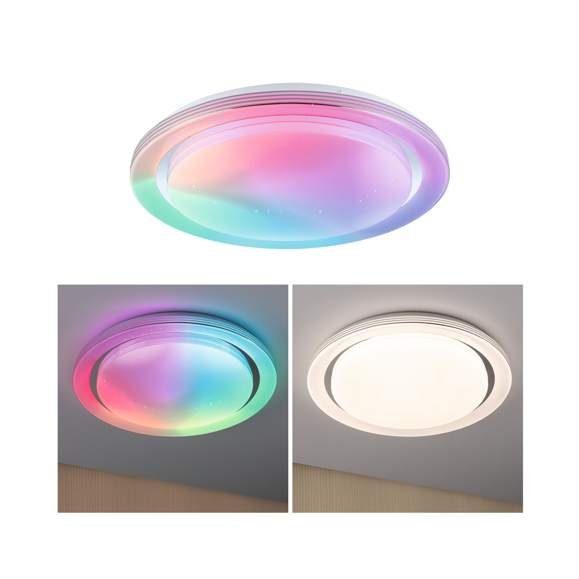 Plafonnier LED Rainbow With rainbow effect RGBW+ 2800lm 230V 38,5W gradable Chrome/Blanc Plafonnier LED rond avec éclairage RGB multicolore et lumière blanche pour espaces de vie modernes