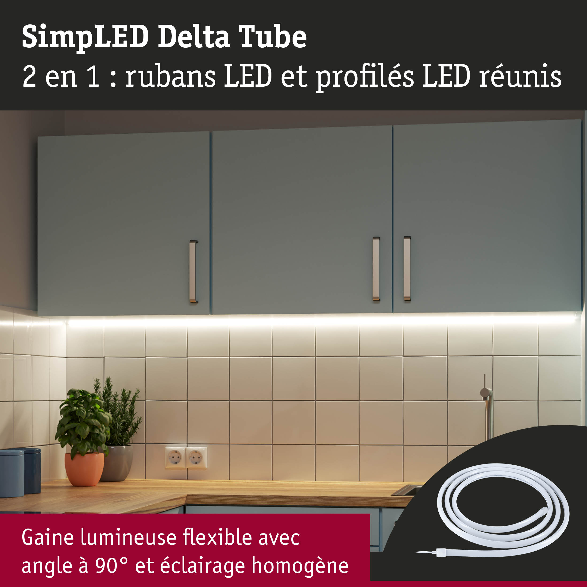 Gaine lumineuse LED flexible blanche à angle 90° pour éclairage homogène sous placards gris en cuisine