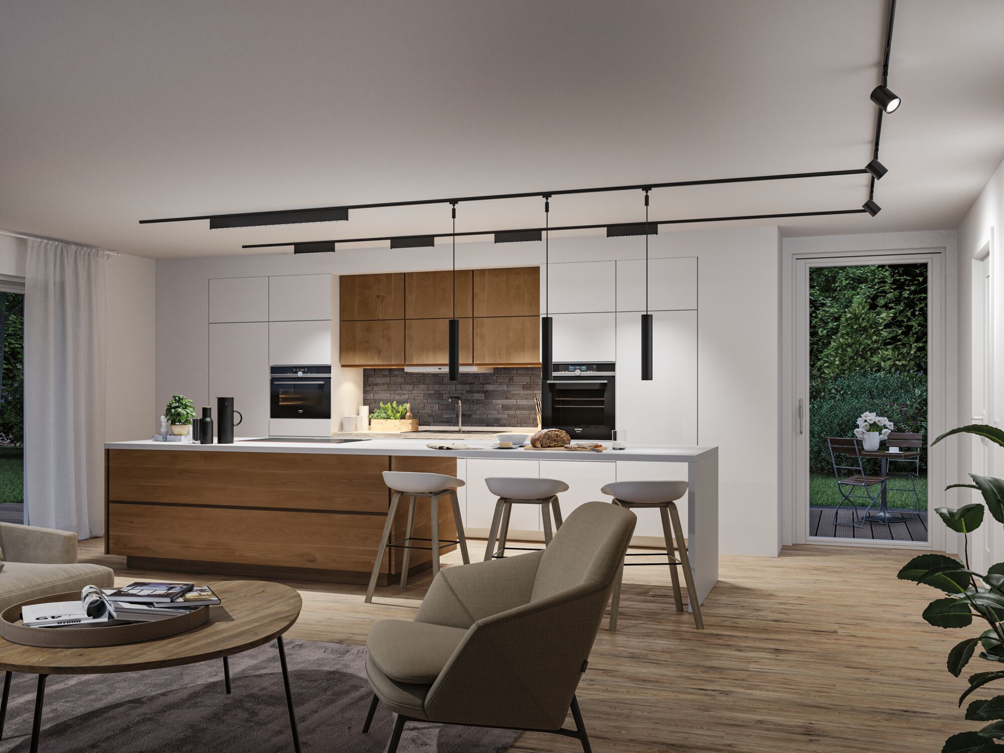 Modern black LED track lighting in open kitchen with wood cabinets and white countertop
