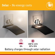 Solar-powered house number light with black casing and clear panel, energy-saving LED illumination