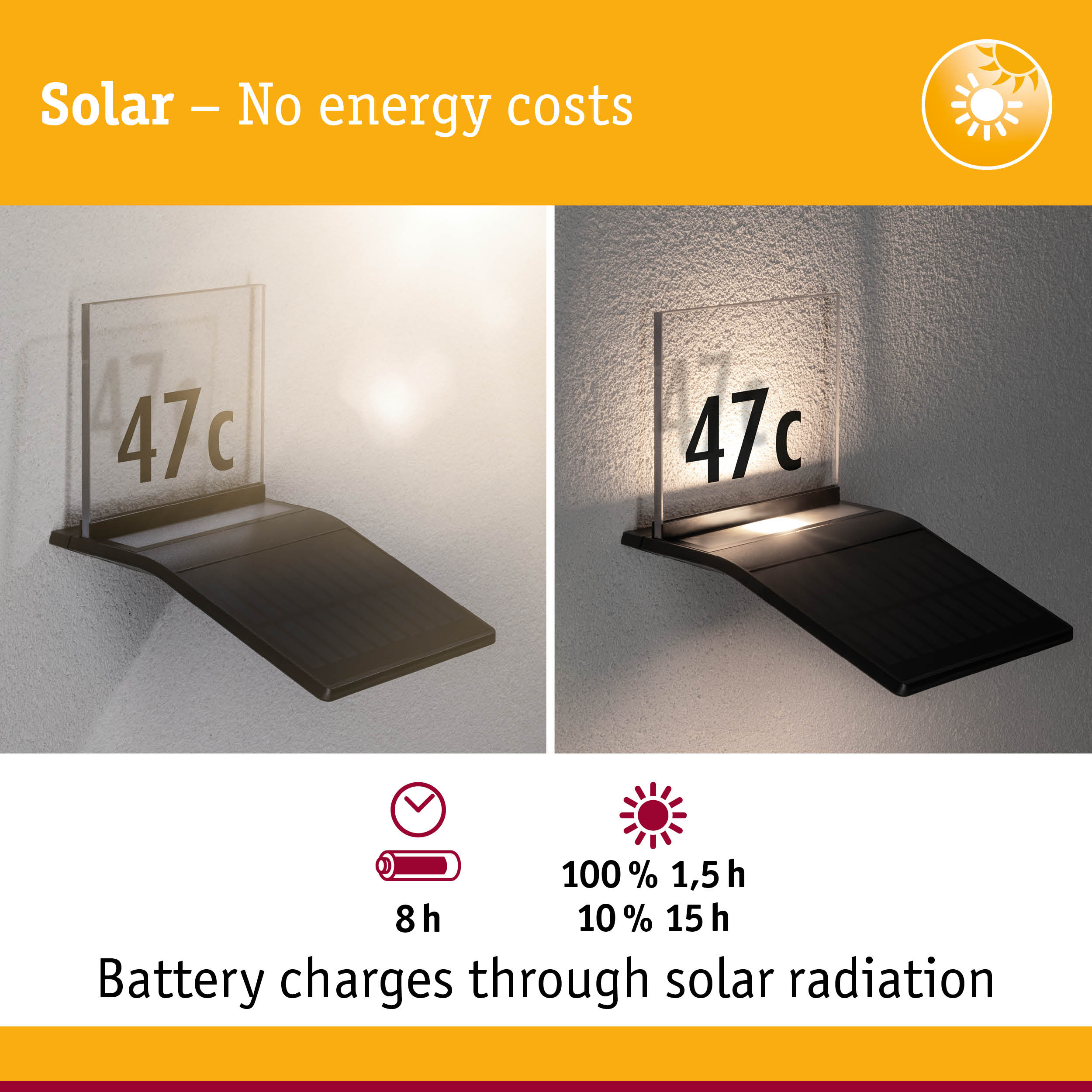 Solar-powered house number light with black casing and clear panel, energy-saving LED illumination
