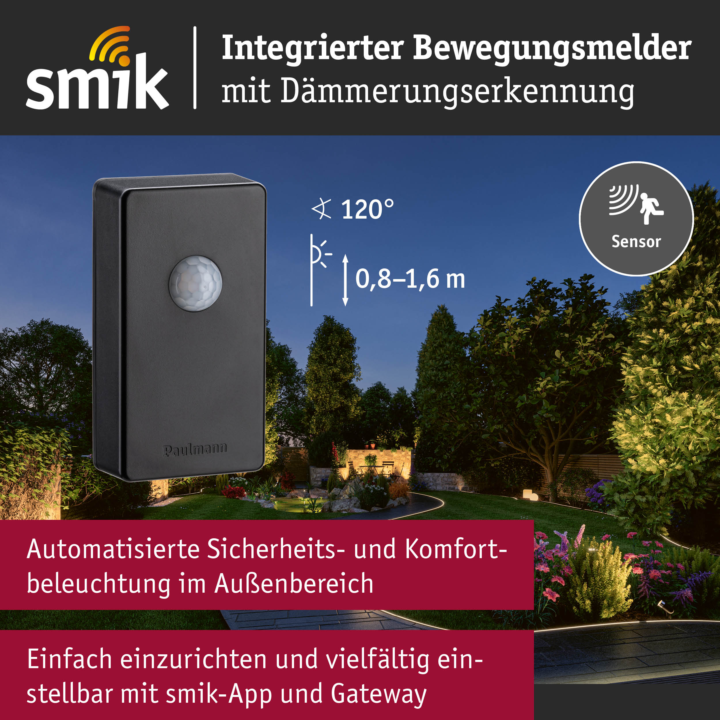 Schwarzer Bewegungsmelder mit Dämmerungserkennung für automatisierte Außenbeleuchtung im Garten