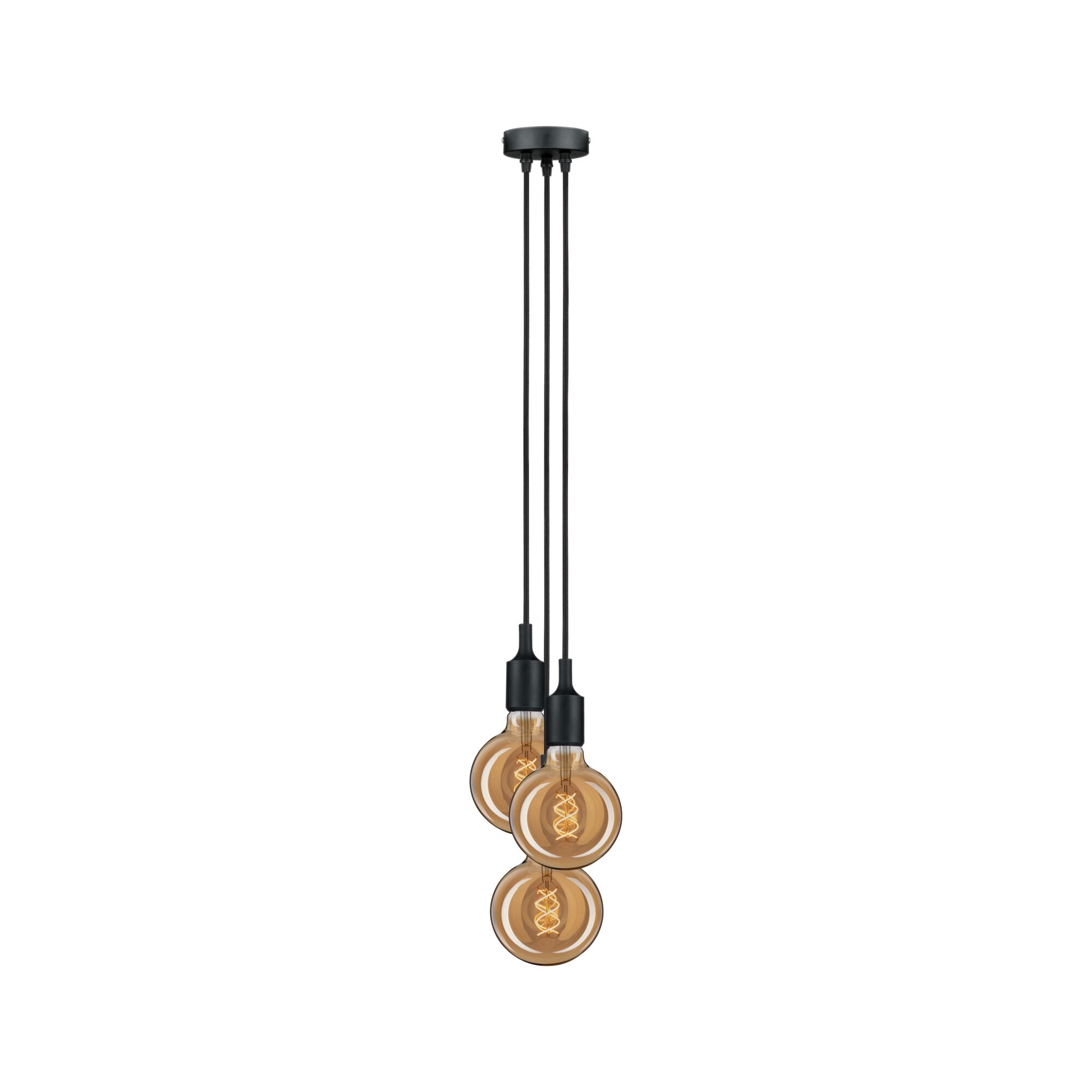Moderne hanglamp met drie amberkleurige lampen en zwarte snoeren voor sfeervolle verlichting