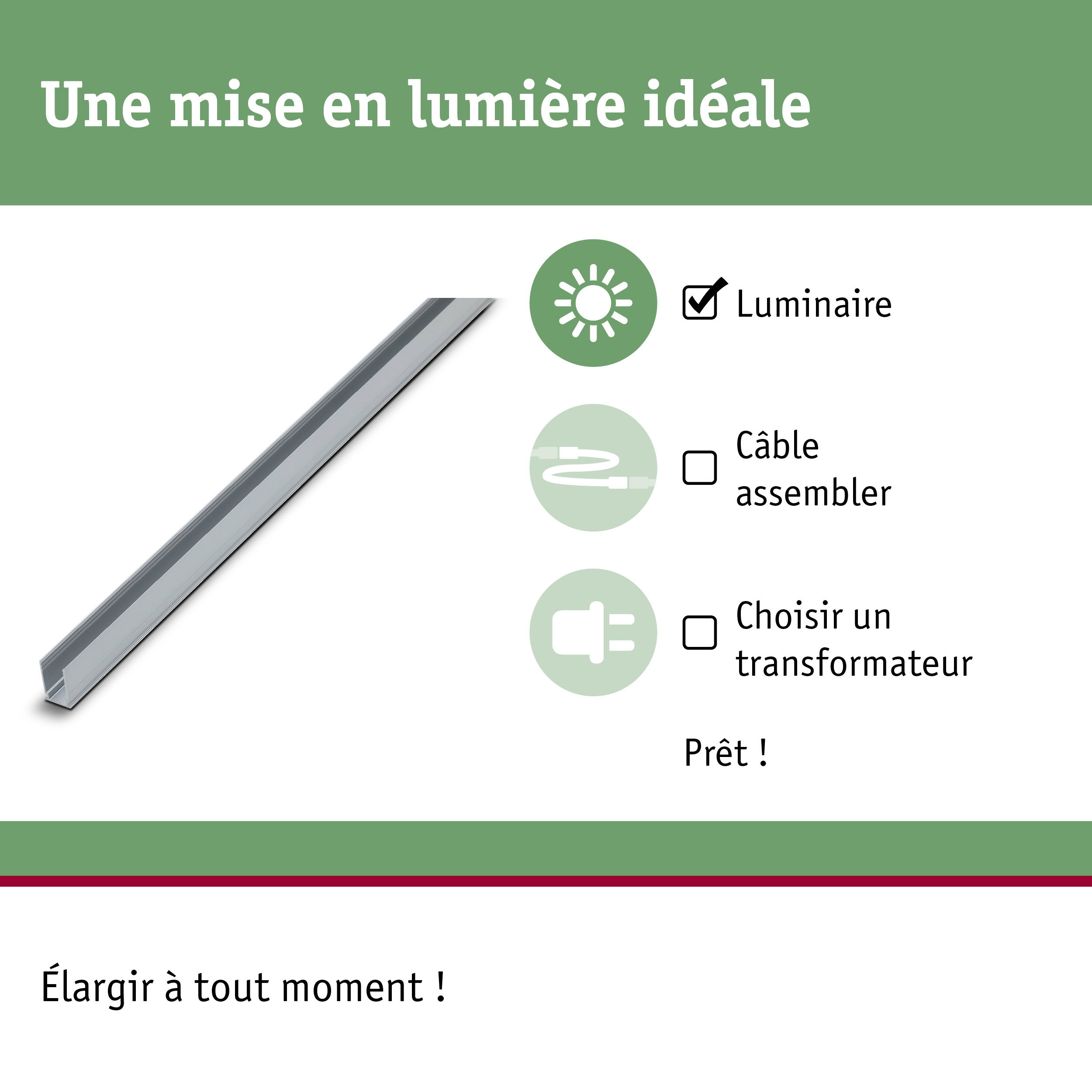 Profilé en aluminium argenté pour éclairage LED avec montage simple et extension possible
