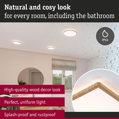 Round ceiling light with wood decor in beige, splash-proof and rustproof for bathroom lighting