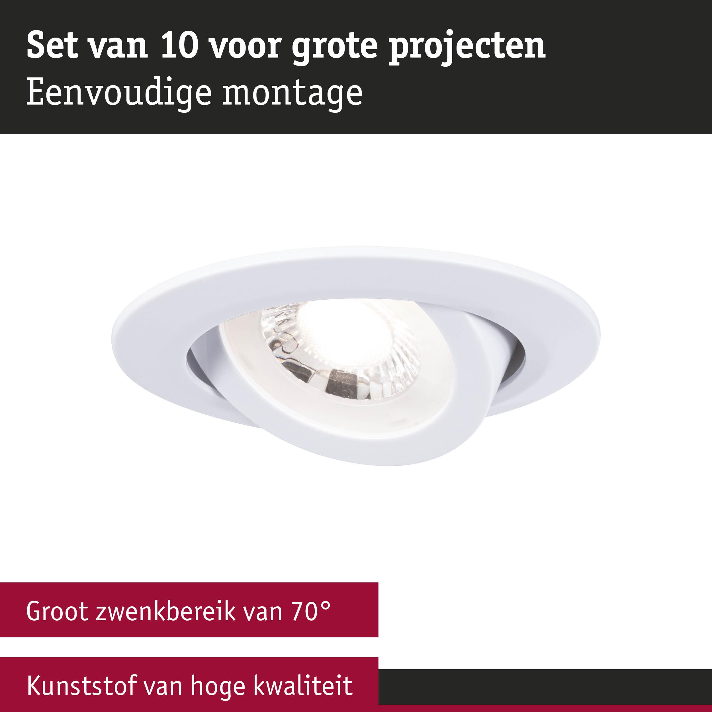 Witte inbouwspot van hoogwaardig kunststof met 70° zwenkbereik voor grote projecten