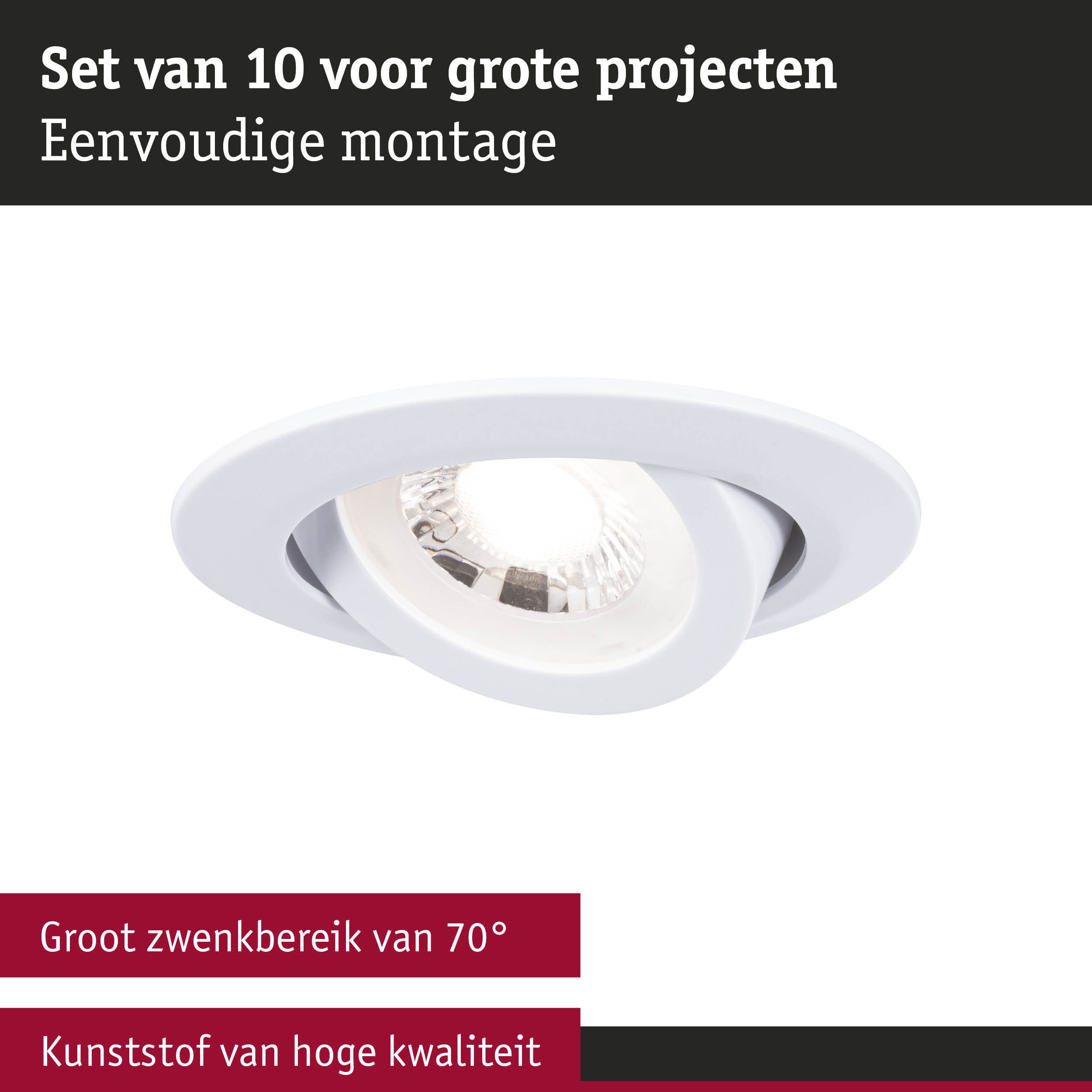 Witte kunststof inbouwspot met 70° zwenkbereik voor grote projecten en eenvoudige montage