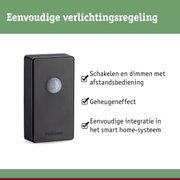 Zwarte bewegingssensor van kunststof met eenvoudige lichtregeling en smart home integratie