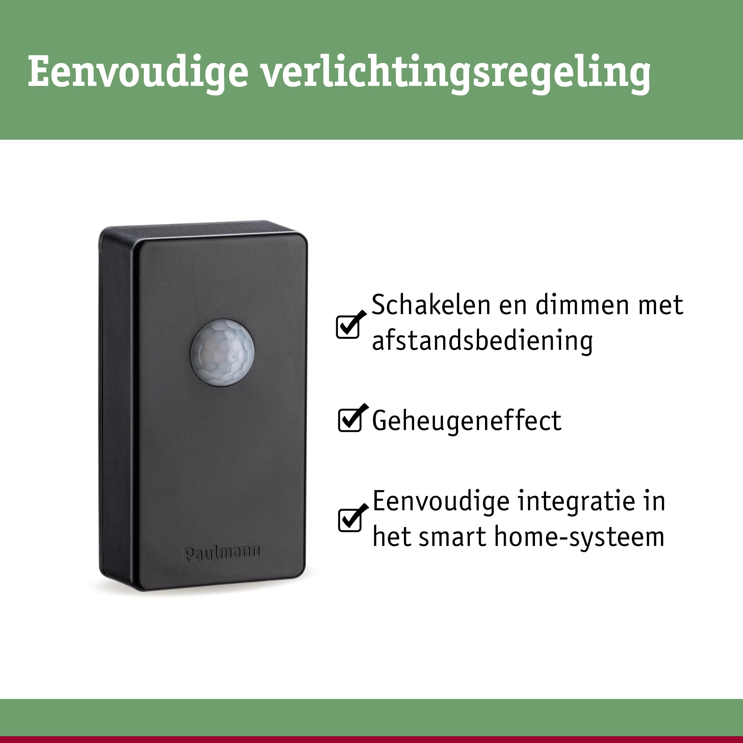 Zwarte bewegingssensor van kunststof met eenvoudige lichtregeling en smart home integratie