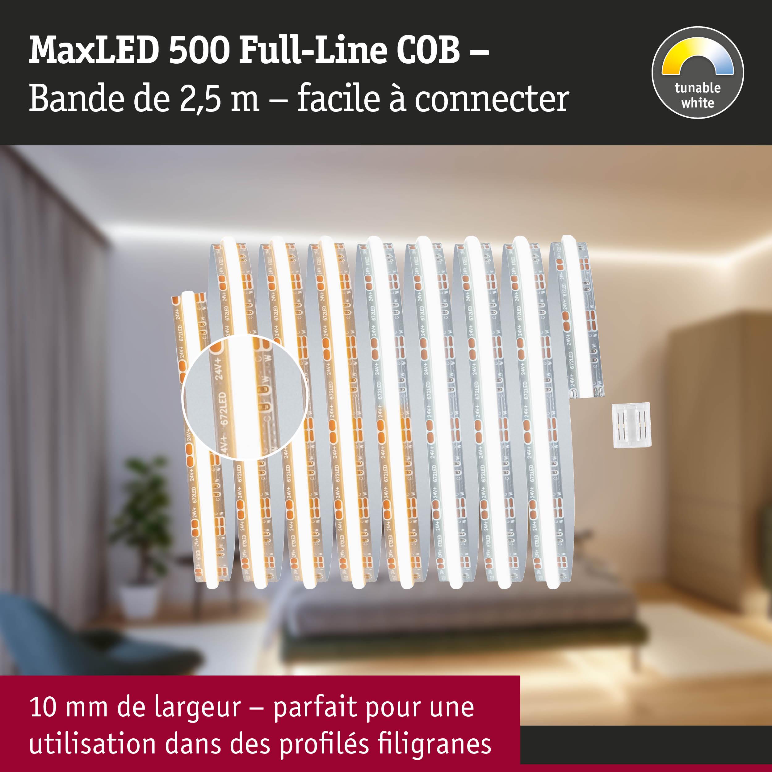 Bande LED MaxLED 500 Full-Line COB de 2,5 m, 10 mm de large, lumière blanche réglable pour profils fins