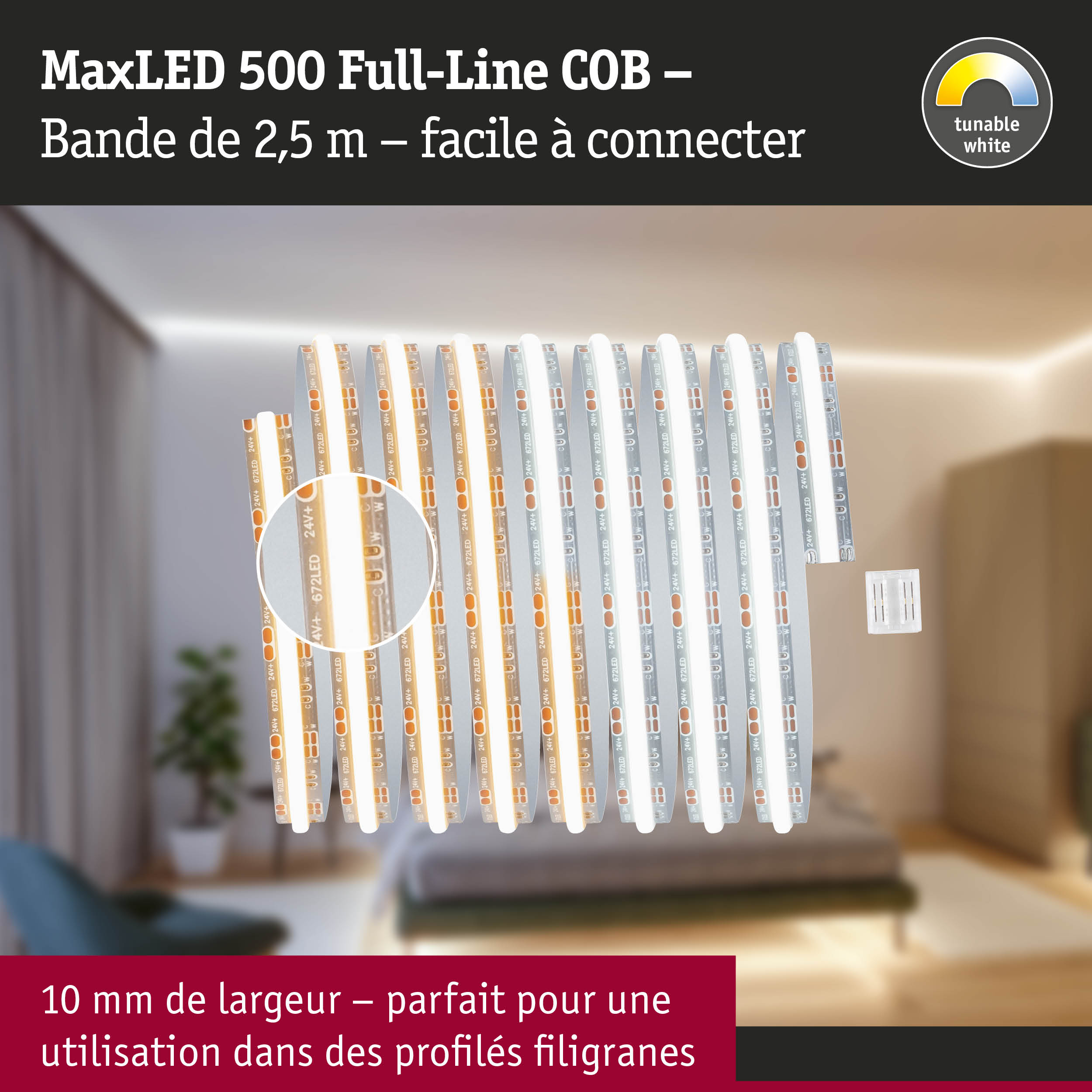 Bande LED MaxLED 500 Full-Line COB 2,5 m avec lumière blanche réglable, idéale pour profils fins de 10 mm