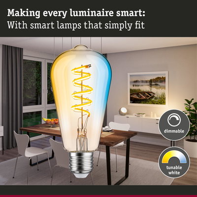 Smart dimmable LED bulb with tunable white light in modern dining room featuring wood and white furniture