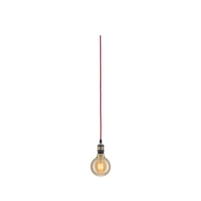 Hanging light bulb with red cable and warm glow for modern lighting design