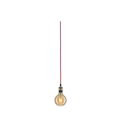 Hanging light bulb with red cable and warm glow for modern lighting design