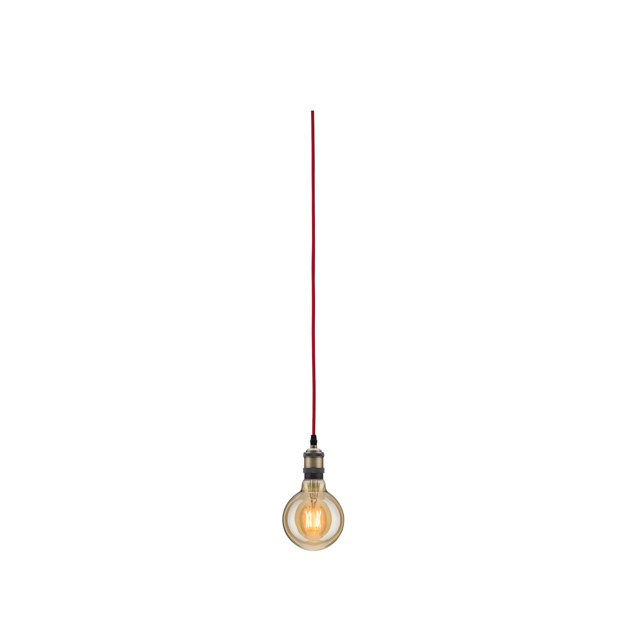 Pendant lamp with red fabric cable and warm bulb light for stylish home lighting decor