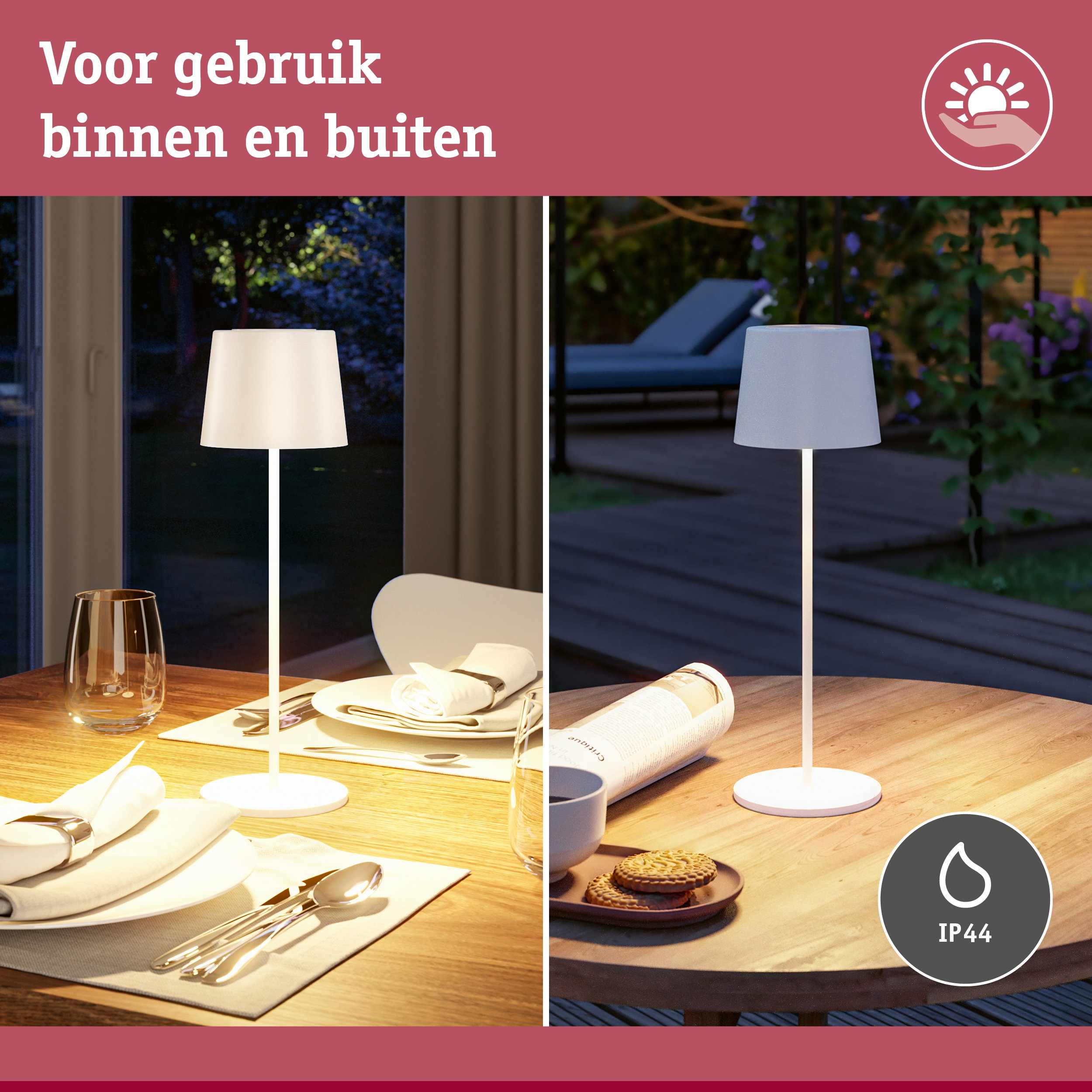 Witte tafellamp met IP44 bescherming voor binnen- en buitengebruik op houten tafel met servies.