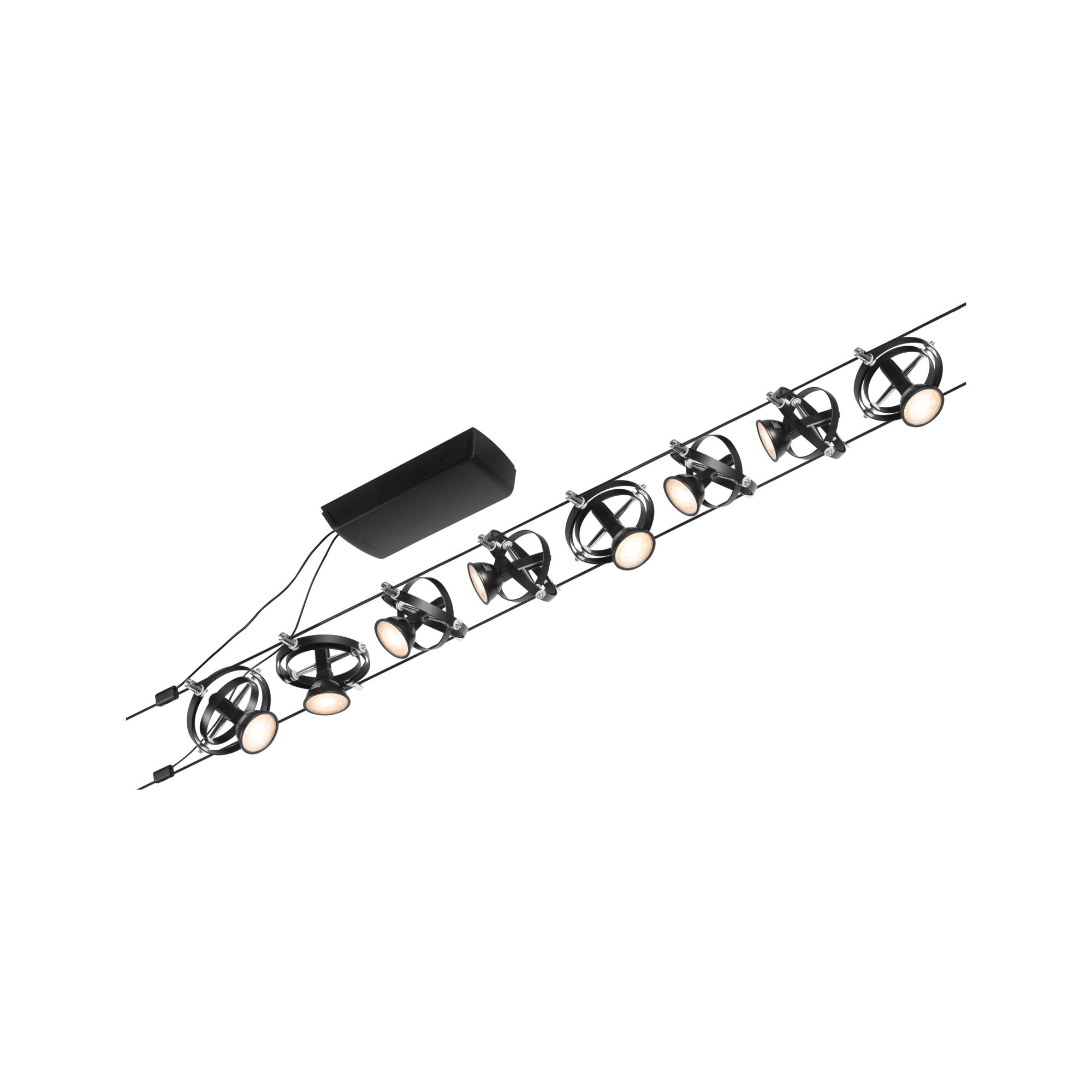 Black LED cable lighting system with eight adjustable spotlights for modern room and accent lighting.