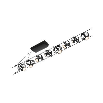 Black LED cable lighting system with eight adjustable spotlights for modern room and accent lighting.