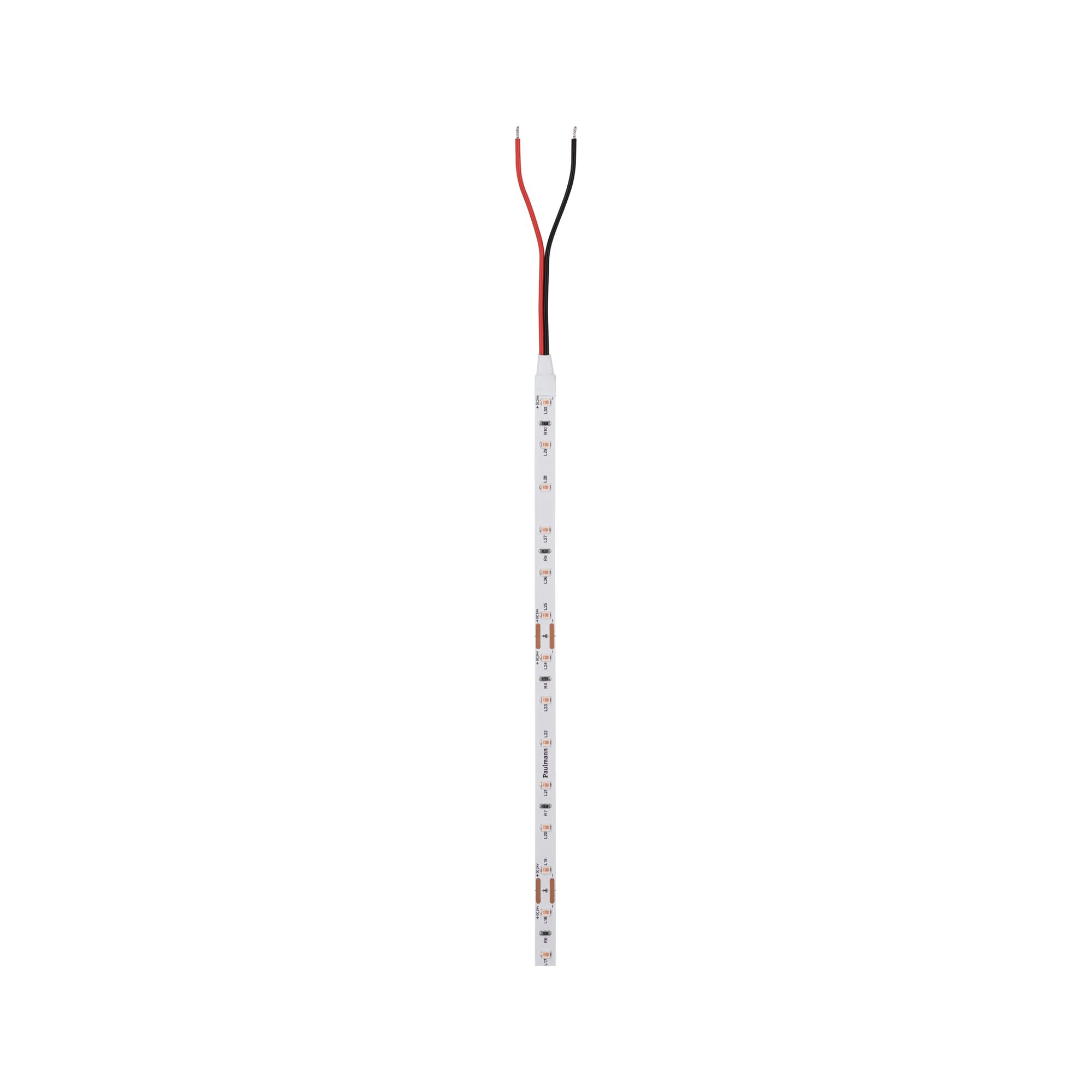 LED strip with white LEDs and red and black wires for flexible lighting solutions