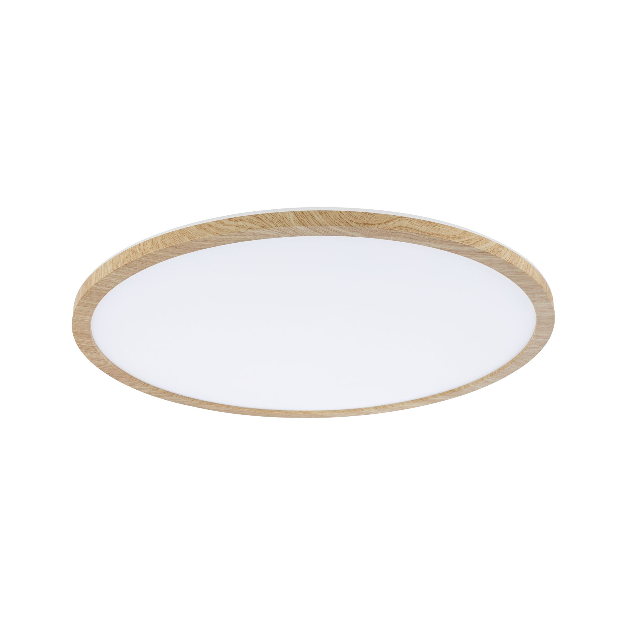 Round LED ceiling light with natural oak wood frame for modern home lighting and energy-efficient illumination