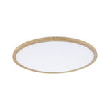 Round LED ceiling light with natural oak wood frame for modern home lighting and energy-efficient illumination