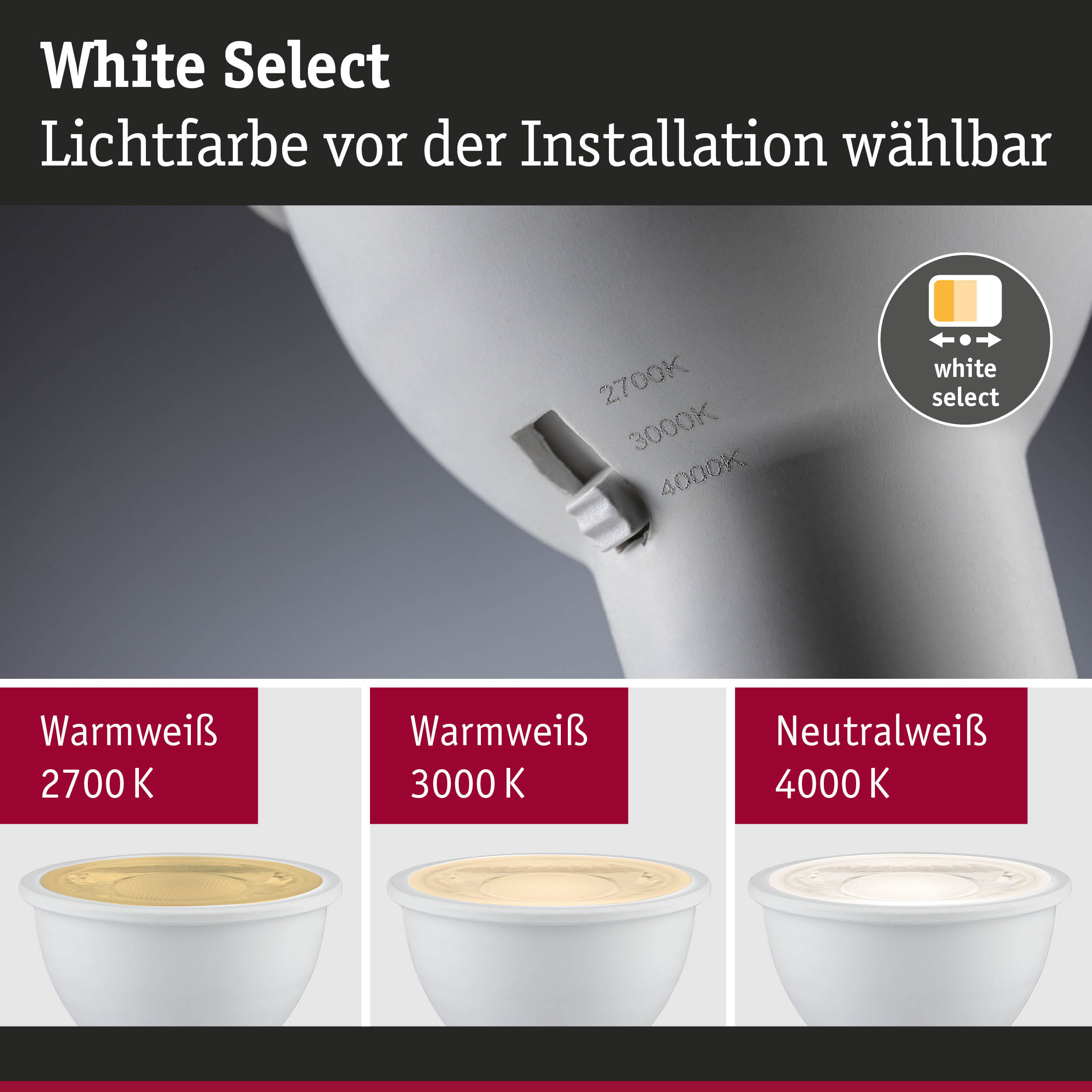 Weißer LED-Strahler mit einstellbarer Lichtfarbe von 2700K bis 4000K für flexible Beleuchtung