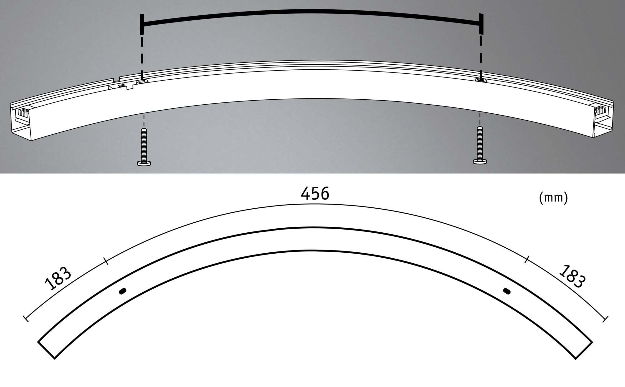 Teknisk tegning af buet aluminiumprofil med skruer og mål i millimeter til LED-skinner.