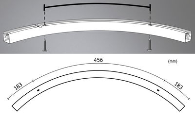 Teknisk tegning af buet aluminiumprofil med skruer og mål i millimeter til LED-skinner.