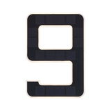 Solar-powered house number 9 in black with white plastic frame for outdoor lighting