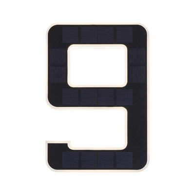 Solar-powered house number 9 in black with white plastic frame for outdoor lighting
