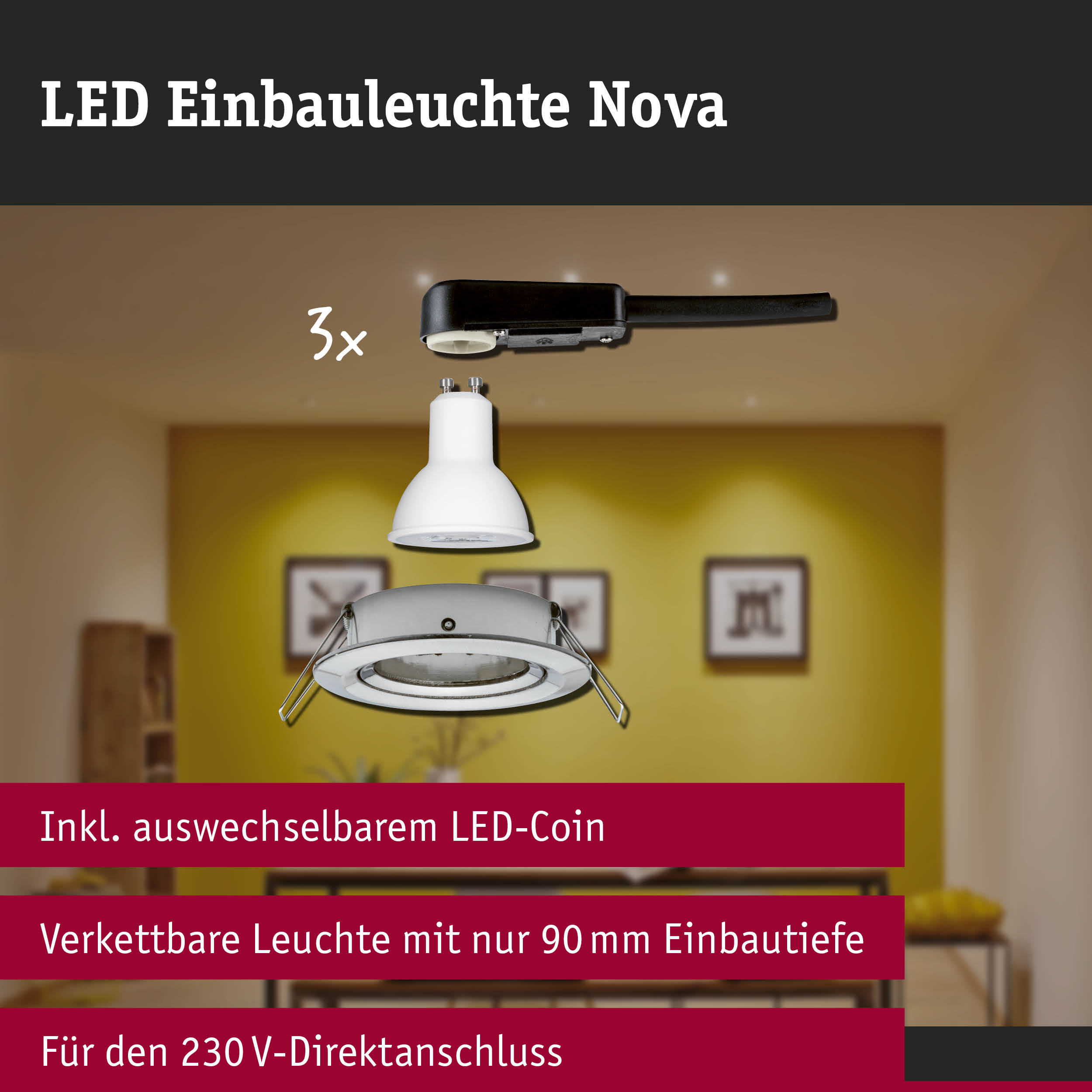 LED Einbauleuchte 3-Step-Dim Nova Basisset schwenkbar rund 84mm 50° GU10 3x6,5W 3x460lm 230V dimmbar 2700K Eisen gebürstet