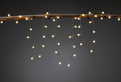 Warmweiße LED-Lichterkette mit kleinen Kugeln an braunem Ast für stimmungsvolle Dekoration.