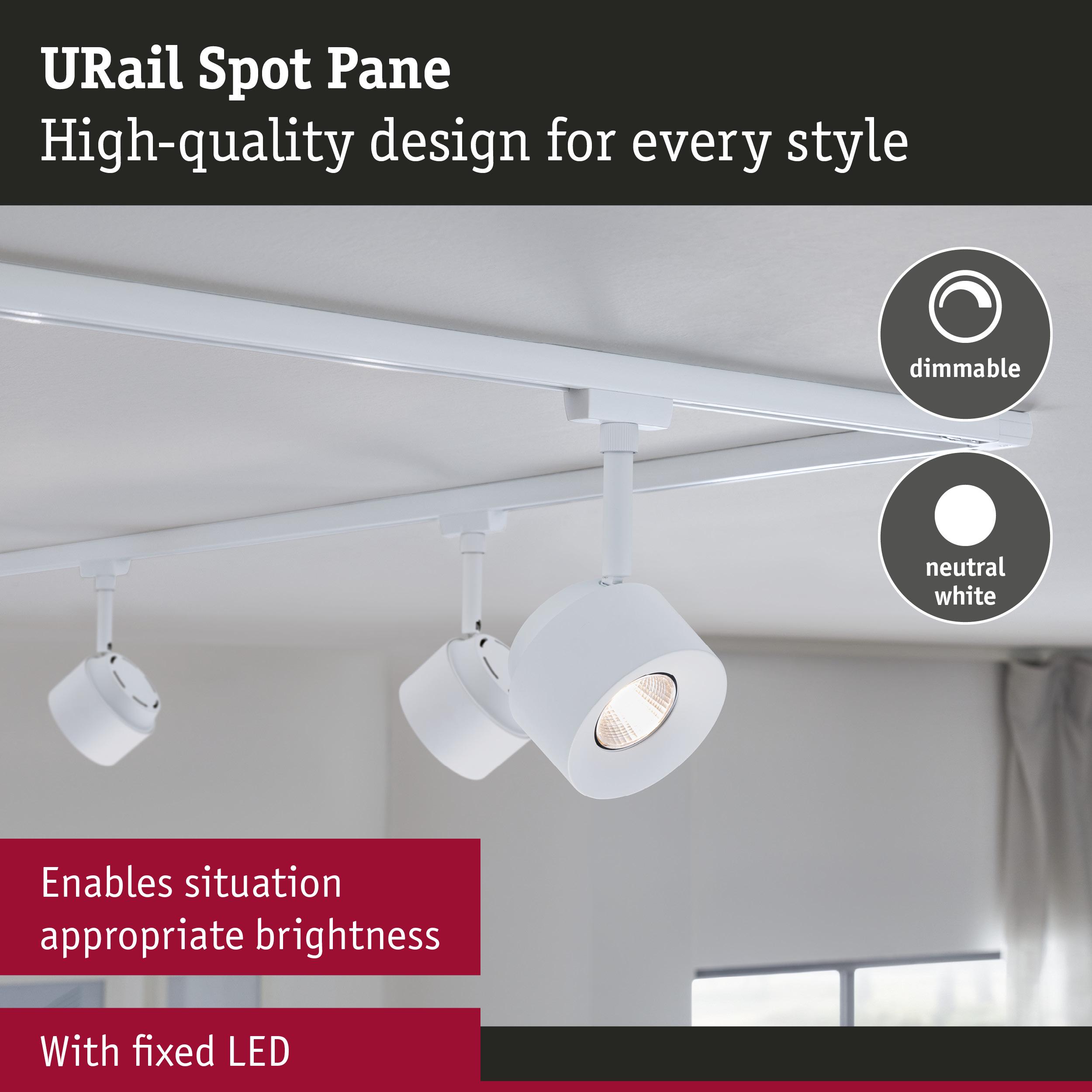 White URail Spot Pane LED ceiling light with dimmable neutral white lighting for living spaces