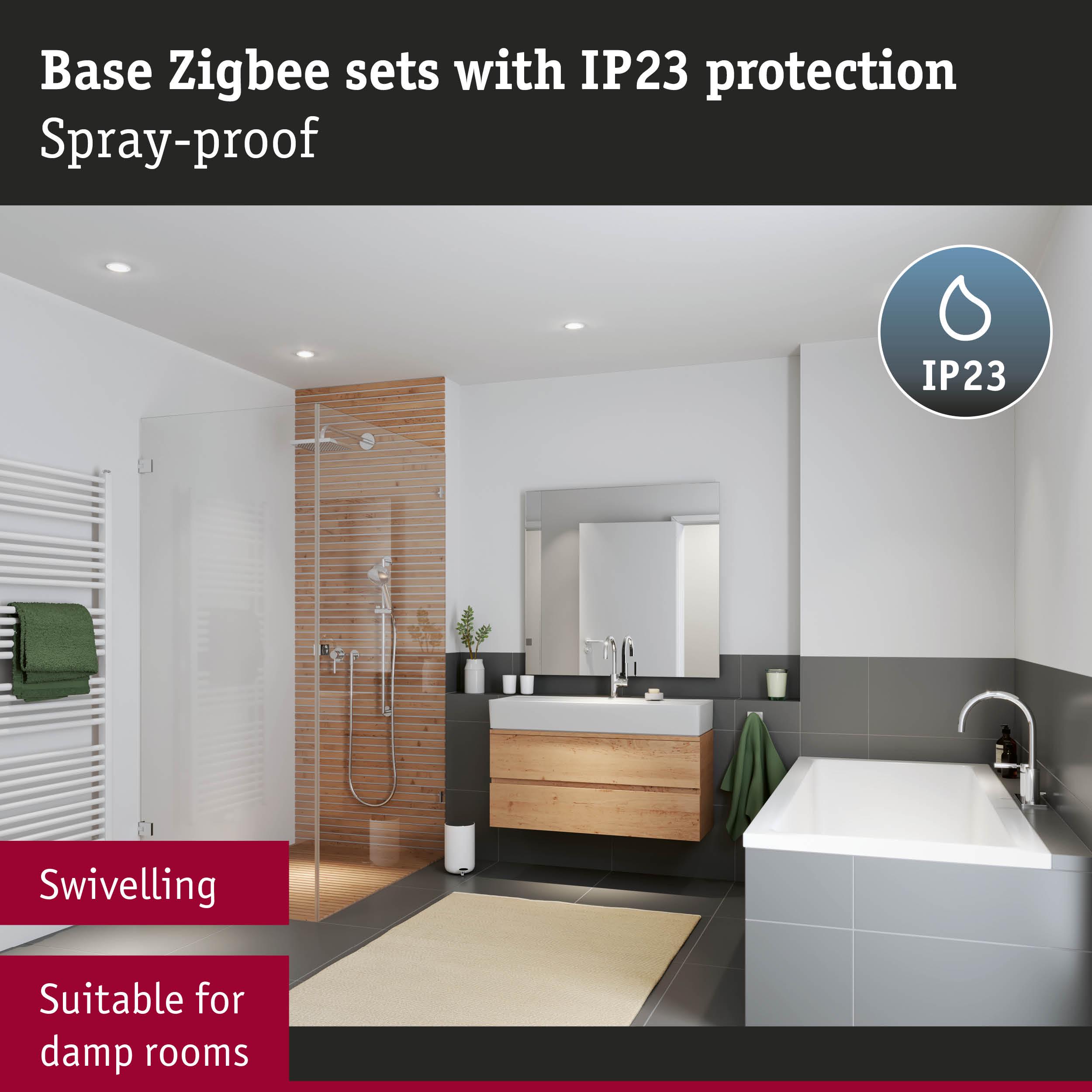 Modern bathroom with IP23 protected Zigbee lighting, spray-proof and suitable for damp rooms