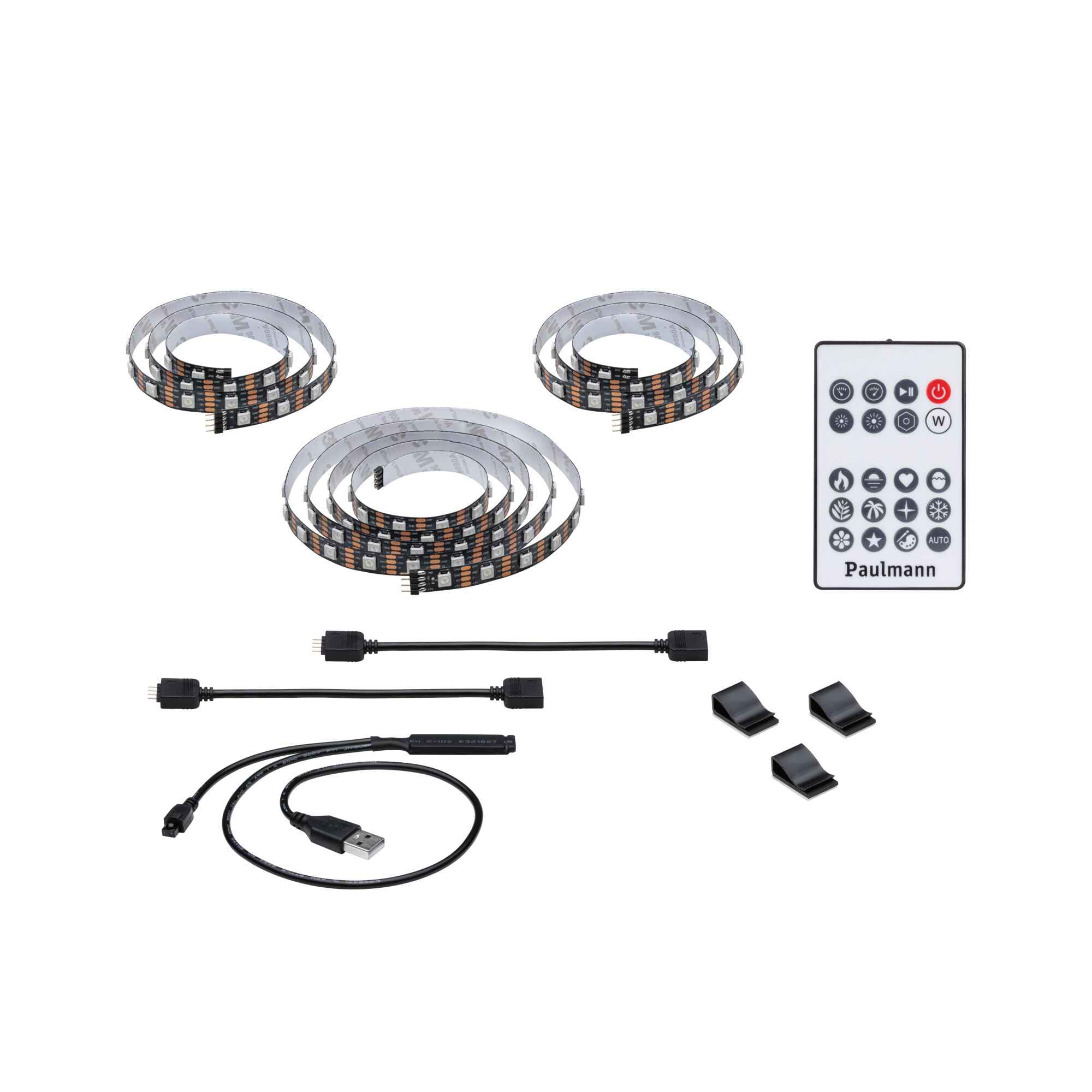 LED-stripset met afstandsbediening, USB-kabel en zwarte clips voor veelzijdige verlichting