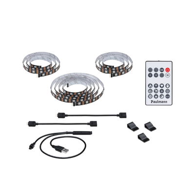 LED strip light set with remote, USB cable, and clips in black for versatile lighting setups