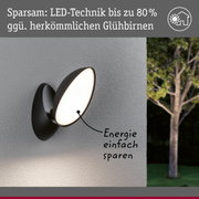 Schwarze LED-Wandleuchte mit energiesparender Technik an grauer Außenwand bei Nacht