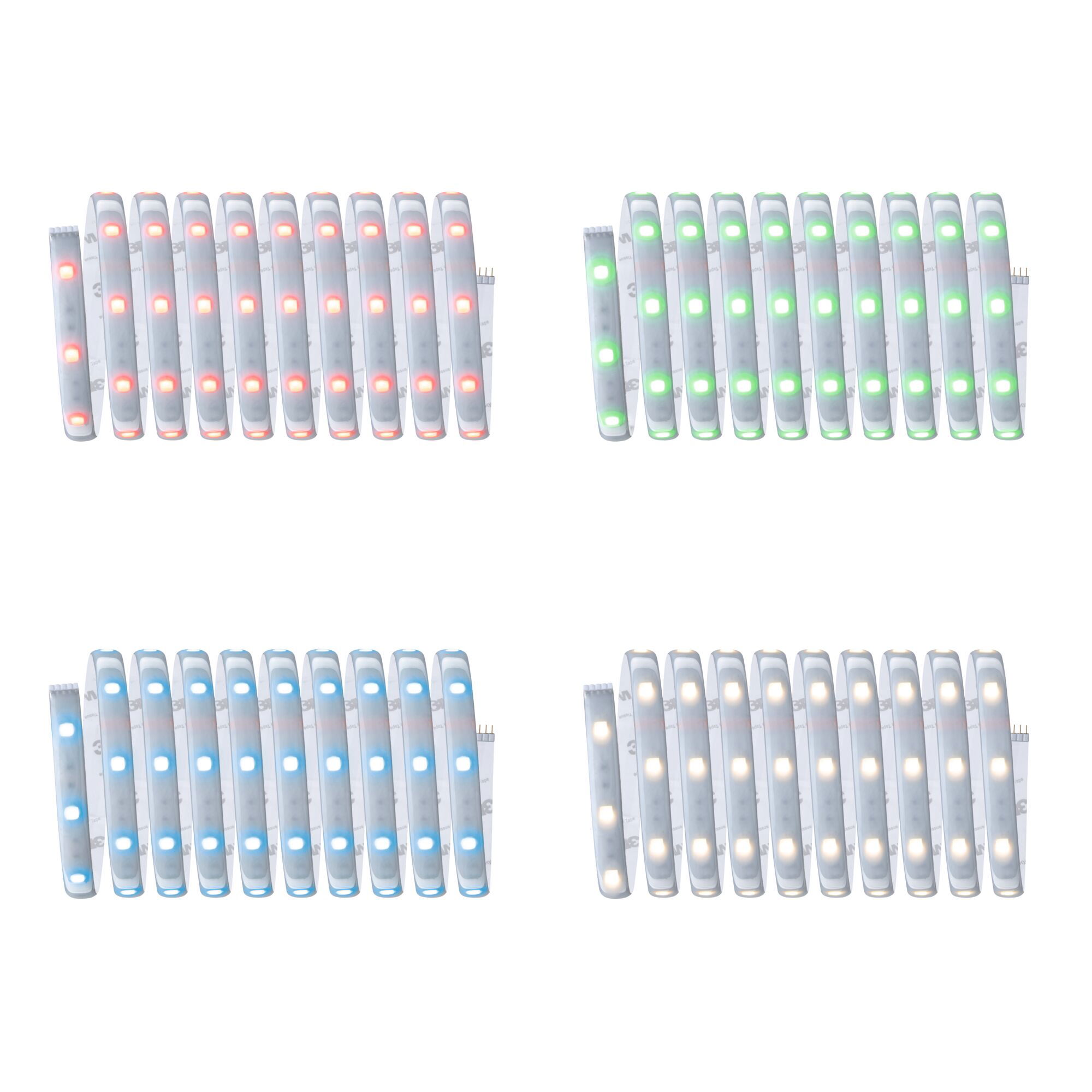 Four white LED light strips with red, green, blue, and warm white LEDs for versatile lighting solutions