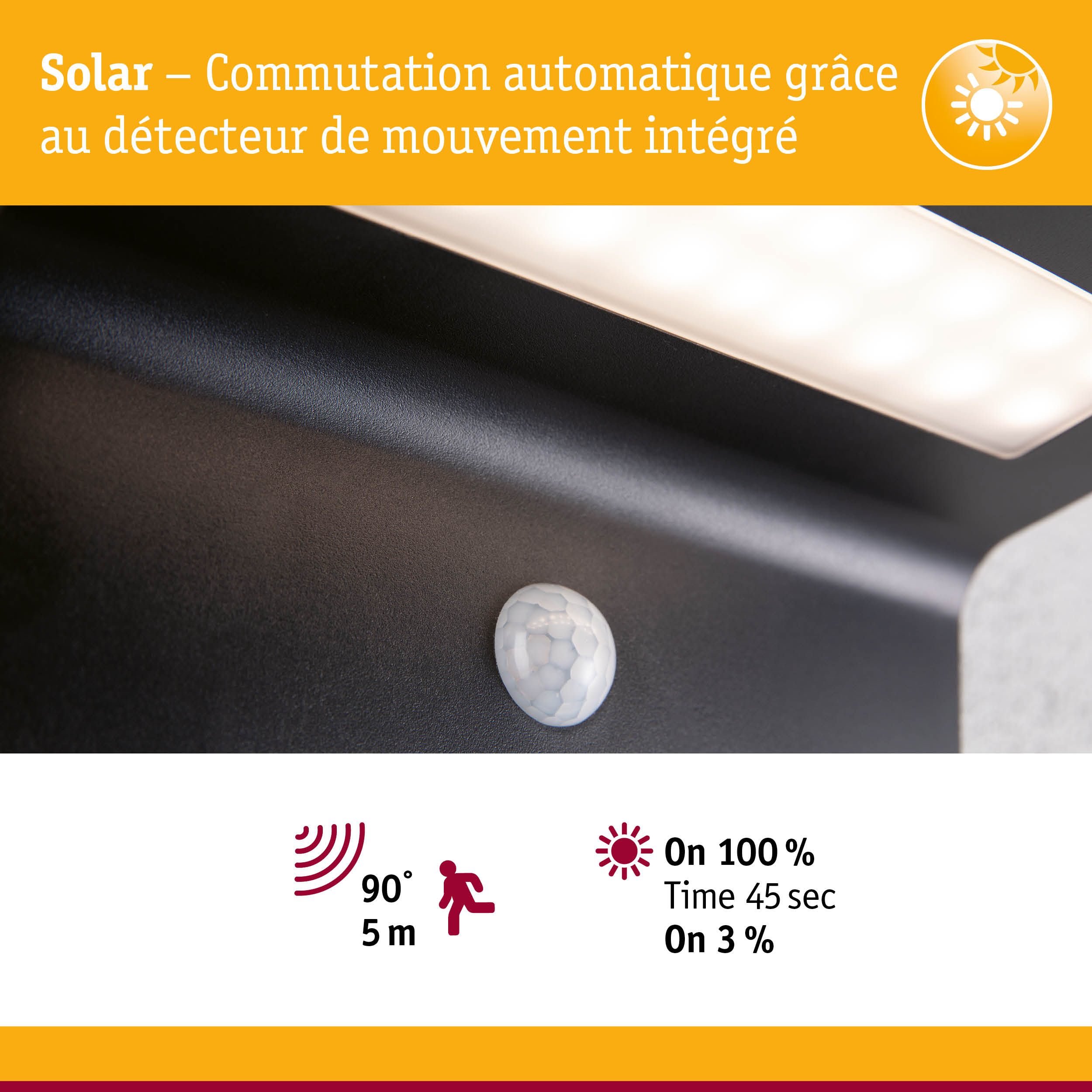 Gros plan d’un appareil noir avec détecteur de mouvement intégré et commutation solaire automatique