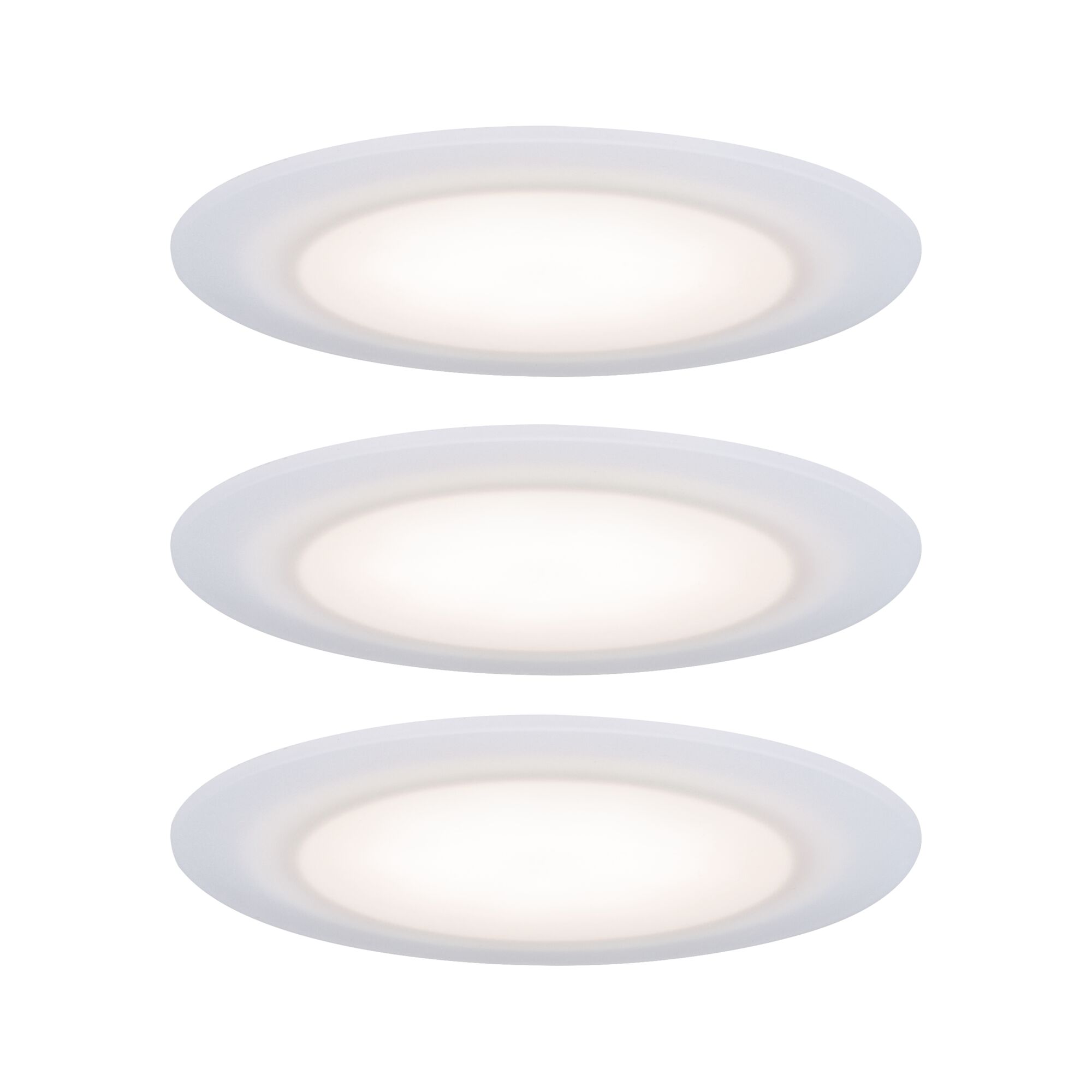 Three white LED recessed lights with frosted glass for energy-efficient ceiling lighting