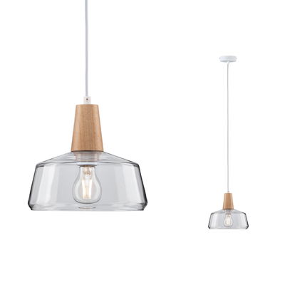 Pendant lamp with clear glass and light wood top, modern design for home lighting